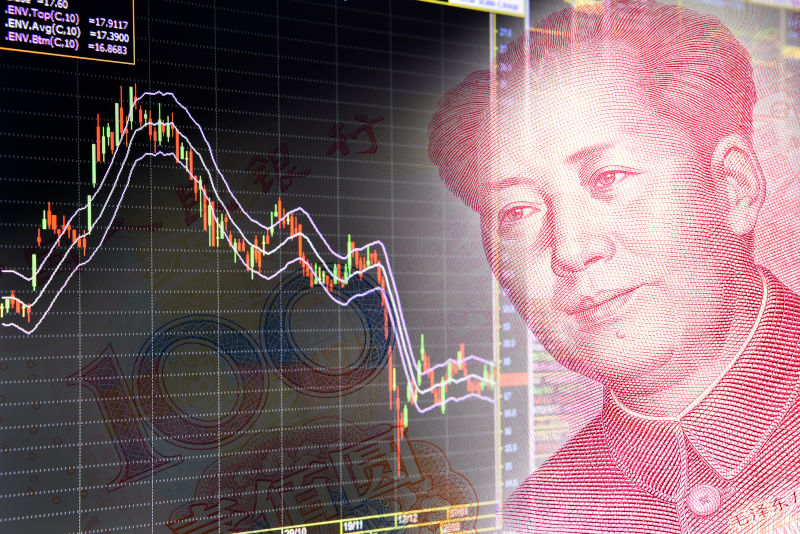 Charts of financial instruments including various type of indicator for technical analysis on the monitor of a computer, together with face of Mao Zedong on RMB (Yuan) 100 bill.