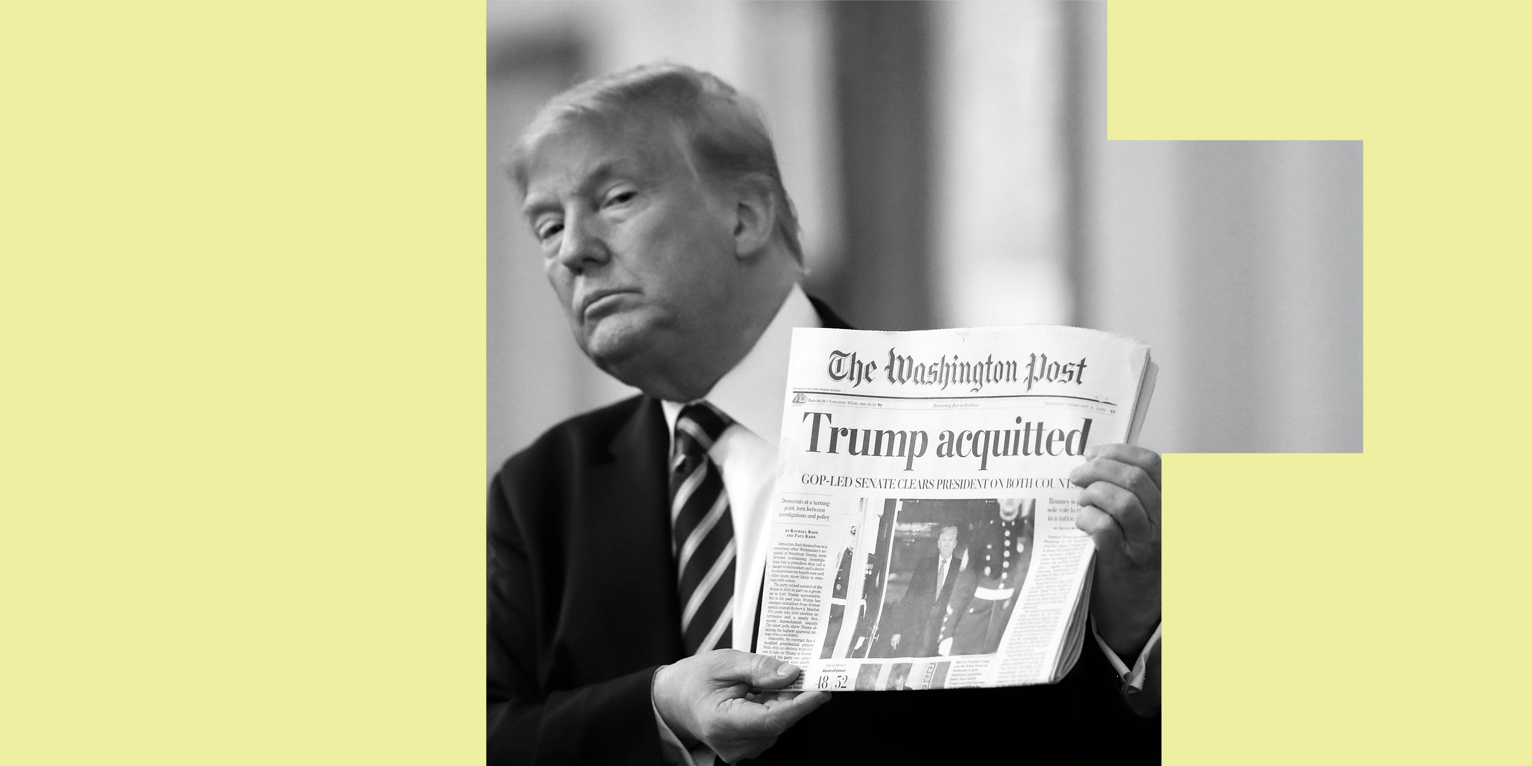 U.S. President Donald Trump holds up a copy of the Washington Post newspaper during an event at the White House in Washington, D.C., Thursday, Feb. 6, 2020.