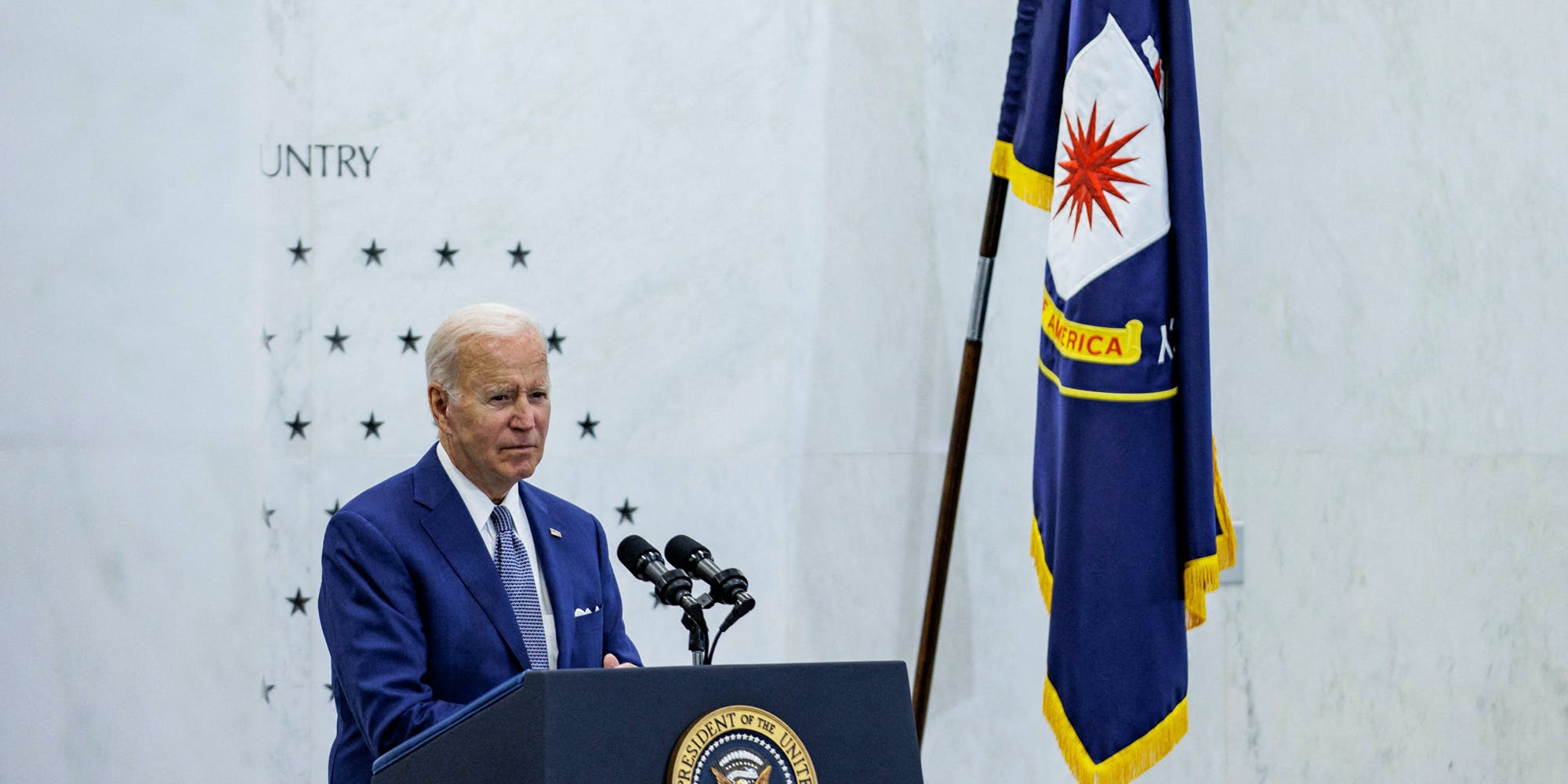 US President Joe Biden speaks during a visit at the Central Intelligence Agency (CIA) headquarters in Langley, Virginia, on July 8, 2022.