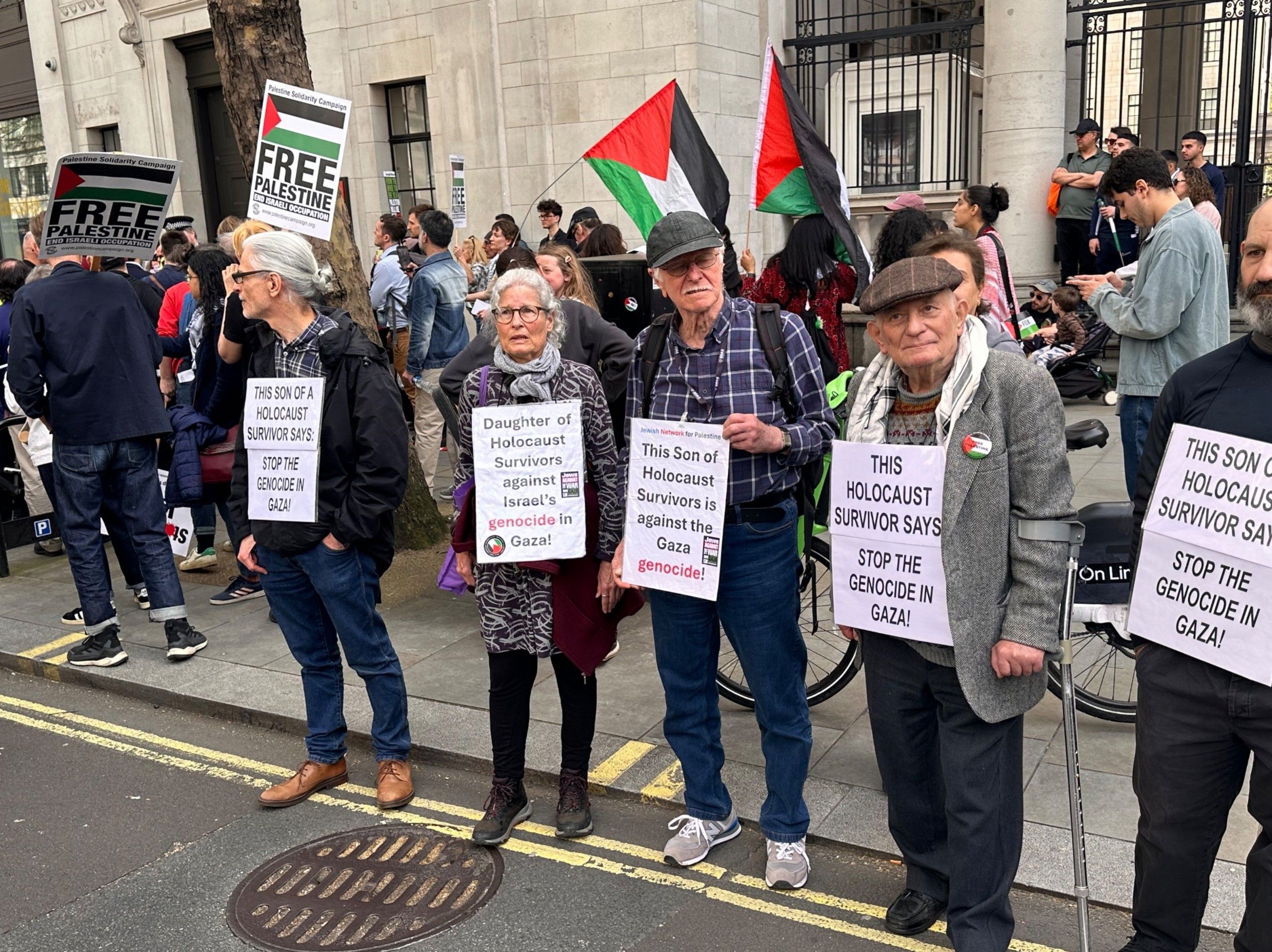 Holocaust survivors condemn Israel's Gaza genocide during a London protest.