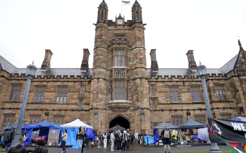 Protesting students occupy an area of the quadrangle at the University of Sydney in Sydney, Friday, May 3, 2024. Encampments have sprung up at colleges in major Australian cities as participants protest over the Israel-Hamas war in solidarity with student demonstrators in the United States. Image:AAP/AP/Rick Rycroft